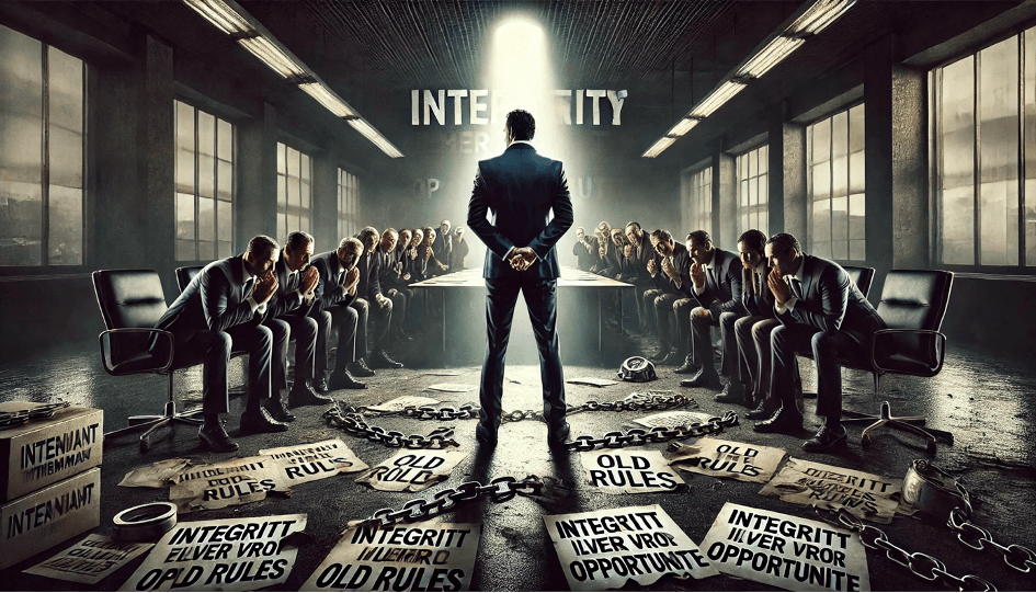 Illustration eines Interim Managers in der Mitte von auf Stühlen sitzenden Angestellten mit dem Wort Integrity an der Wand und diversen nidergeworfener Plakate auf dem Boden.