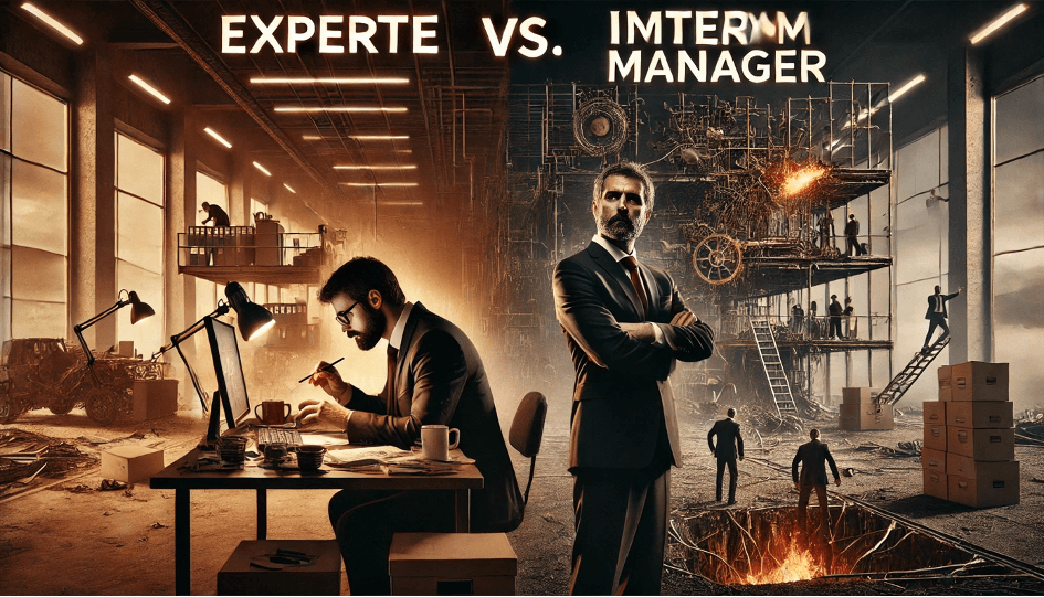 Illustration, links der Experte am Tisch sitzen in einem Büro arbeitend, rechts der Interim Manager mitten im Geshcehen der Fabrik sich umschauend.